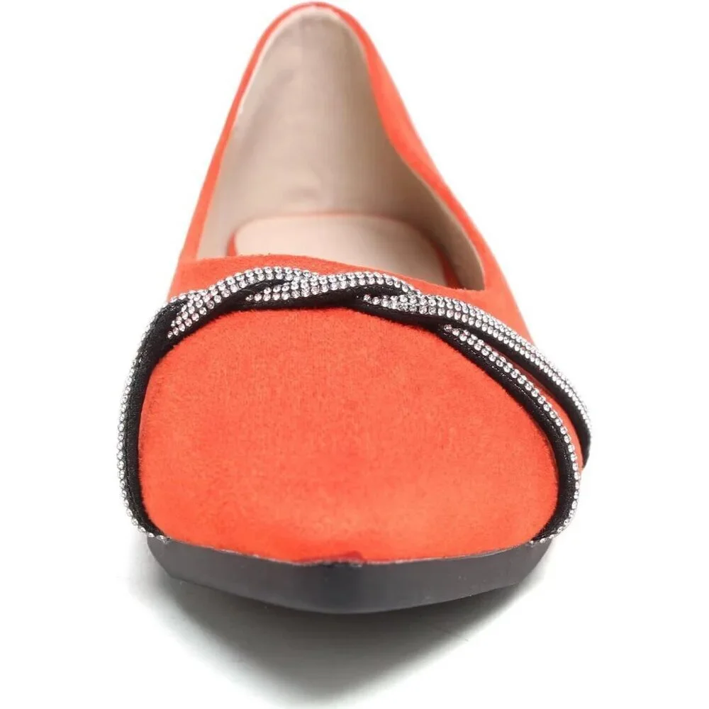 Women's Orange Casual Flats Fashion Chain Pointed Toe Ballet Flat Rhinestone